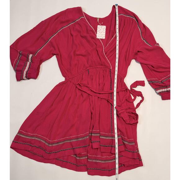 Free People Dress Womens Small Malibu Pink Wrap Boho Embroidered Mini OB1140508 - Picture 4 of 12